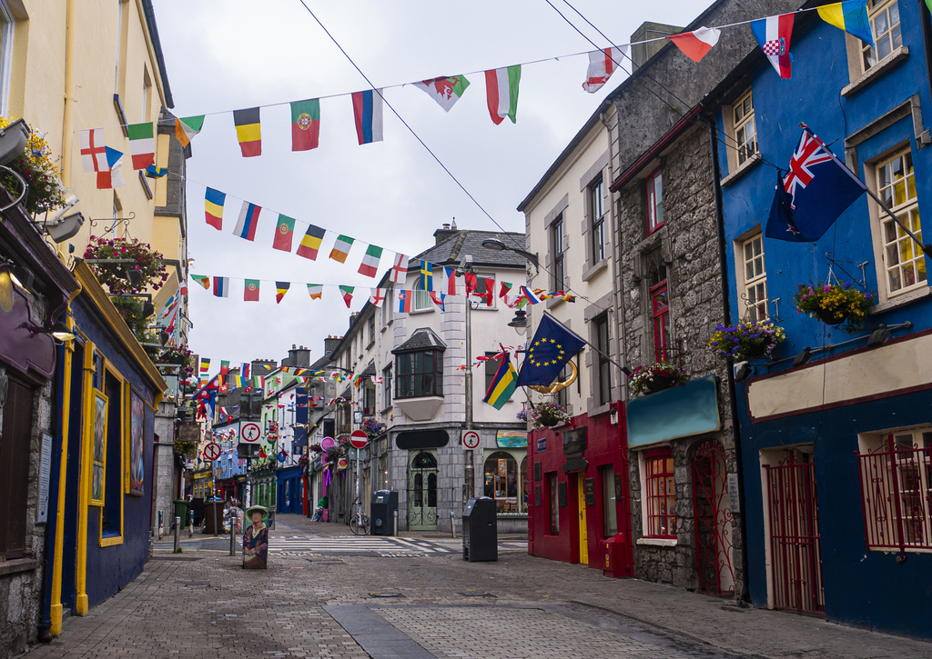 Lais Puzzle - Blick auf die Hauptstraße in Galway City mit den hell gestrichenen Gebäuden und den Kopfsteinpflasterstraßen an einem bewölkten Tag - 100, 200, 500 & 1.000 Teile p-272876
