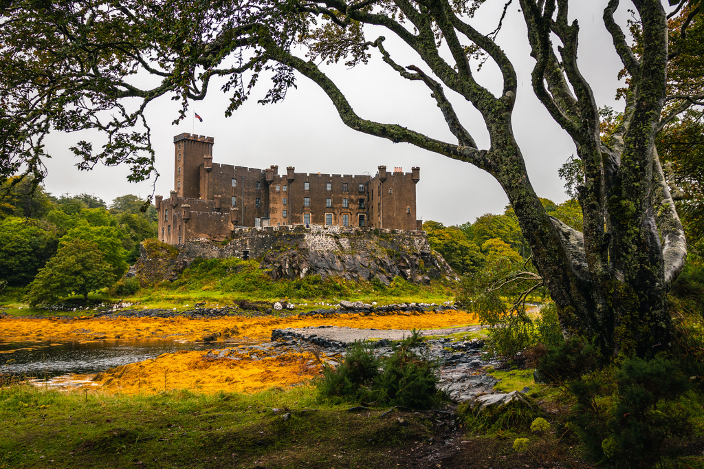 Lais Puzzle - Dunvegan Castle von den Gärten aus gesehen, mit Baumzweigen gesäumte Ansicht in Dunvegan, Isle of Skye, Schottland - 2.000 Teile p-294624
