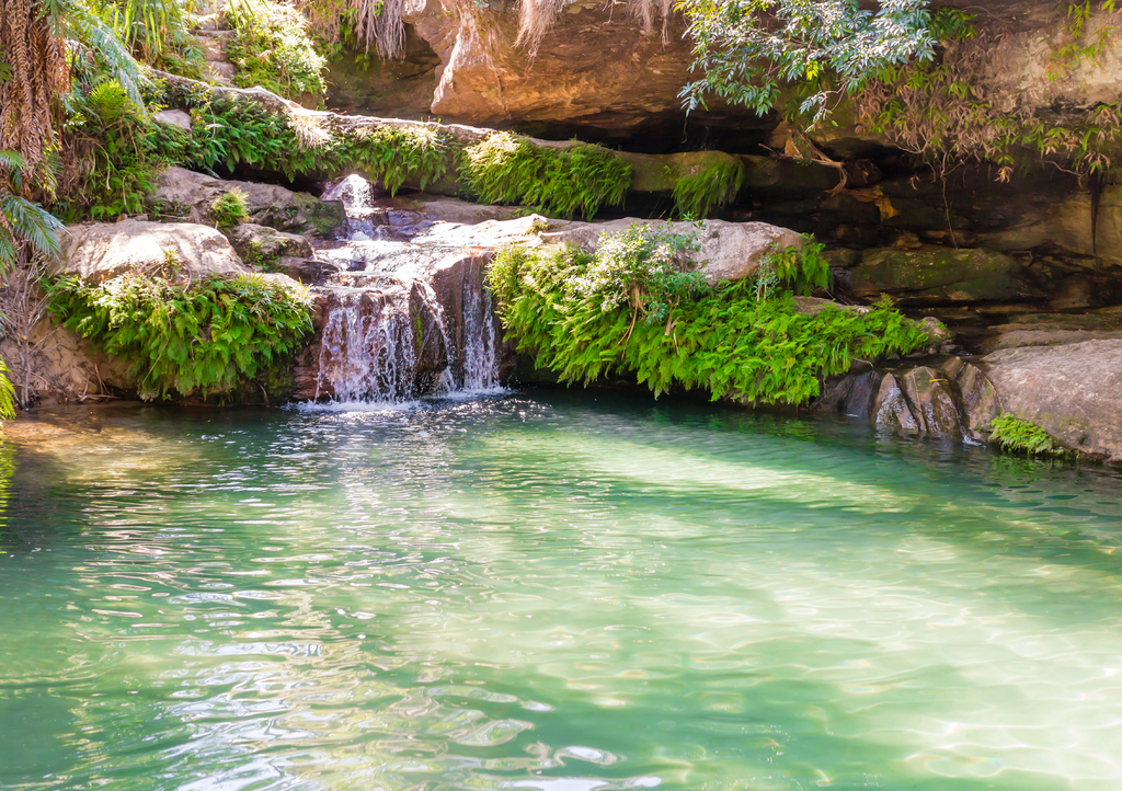 Lais Puzzle - Atemberaubende Oase namens "la piscine naturelle", ein palmenges&auml;umtes Becken, das st&auml;ndig von einem kristallklaren Wasserfall gespeist wird, Isalo-Nationalpark, Madagaskar - 1.000 Teile p-304115