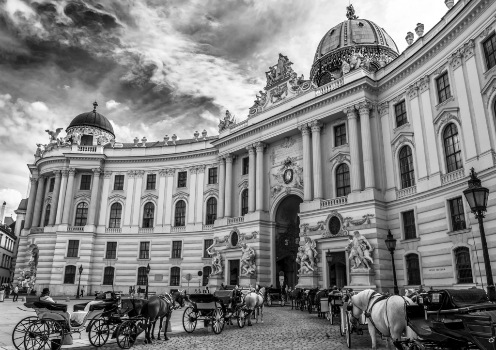 Lais Puzzle - Präsidentenresidenz, Wiener Hofburg, mit Fiakerpferden und Kutschen in der Wiener Innenstadt in Österreich in schwarz weiß - 1.000 Teile p-329970