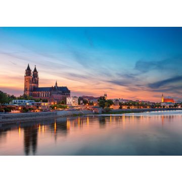 Lais Puzzle - Magdeburg, Deutschland. Panorama-Stadtlandschaftsbild von Magdeburg, Deutschland, mit Spiegelung der Stadt in der Elbe bei Sonnenuntergang - 100, 200, 500 & 1.000 Teile