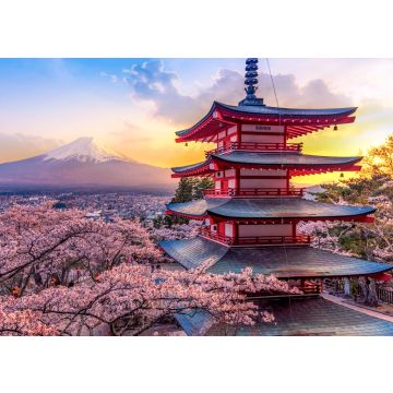 Lais Puzzle - Fujiyoshida, Japan Schöne Aussicht auf den Mount Fuji und die Chureito-Pagode bei Sonnenuntergang, Japan im Frühling mit Kirschblüten - 100, 200, 500 & 1.000 Teile