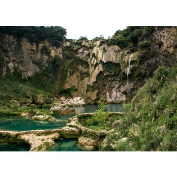 Lais Puzzle - Panoramaaufnahme des Wasserfalls El Salto mit wenig fallendem Wasser und den türkisfarbenen Wasserbecken, in Mexiko in der Huasteca Potosina in San Luis Potosí - 100, 200, 500 & 1.000 Teile