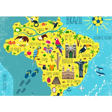 Lais Puzzle - Brasilien illustrierte Landkarte, Südamerika, mit Wahrzeichen, Museum, Kirche, traditionellem Essen, brasilianischem Karneval, Tieren und Blumen - 100, 200, 500 & 1.000 Teile