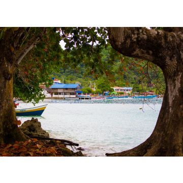Lais Puzzle - Blauer Strand der Stadt Sapzurro aus einer von Bäumen eingerahmten Ansicht. Kolumbien, Chocó - 100, 200, 500 & 1.000 Teile