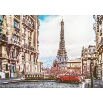 Lais Puzzle - Der Eiffelturm in Paris von einer kleinen Straße aus mit einem roten 2cv-Oldtimer, Frankreich - 100, 200, 500 & 1.000 Teile