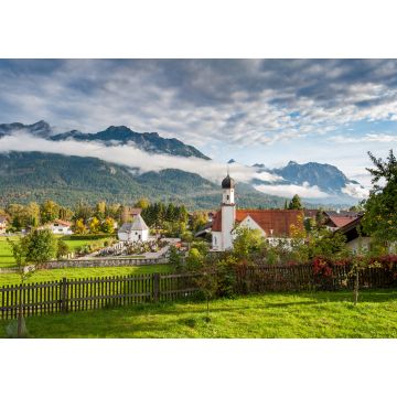 Lais Puzzle - Wallgau, Oberbayern, Dorf mit Kirche und Alpen im Morgennebel - 1.000 Teile