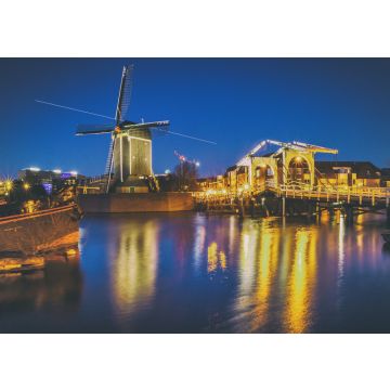 Lais Puzzle - Stadtbild - Abendansicht des Stadtkanals mit Zugbrücke und Windmühle, die Stadt Leiden, Niederlande - 100, 200, 500 & 1.000 Teile
