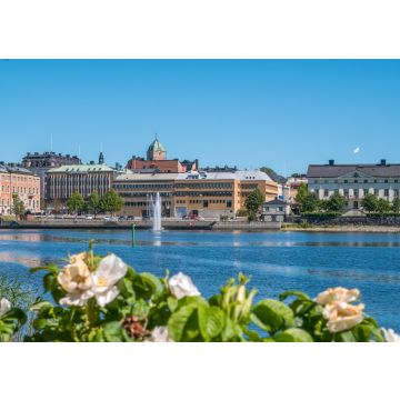 Lais Puzzle - Die Stadt Harnosand im nördlichen Teil von Schweden. Blumen und See im Vordergrund. Zentrum im Hintergrund. Sommer tagsüber - 100, 200, 500 & 1.000 Teile