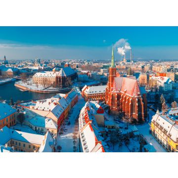 Lais Puzzle - Luftbildpanorama der Altstadt und des Ostrow Tumski mit der Kirche des Heiligen Kreuzes und des Heiligen Bartholomäus von der Johanneskathedrale aus am Wintermorgen in Breslau, Polen - 100, 200, 500 & 1.000 Teile