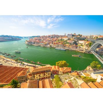 Lais Puzzle - Malerische Stadtlandschaft. Luftaufnahme der Brücke Dom Luis I, der Ribeira Waterfront und der Skyline von Porto von Vila Nova de Gaia, Porto, Portugal aus. Touristenboote auf dem Douro-Fluss bei Sonnenuntergang - 100, 200, 500 & 1.000 Teile