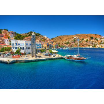 Lais Puzzle - Blick auf das griechische Meer Simy Insel Hafen Hafen, klassische Schiff Yachten, Häuser auf der Insel Hügel, Touristen Ägäis Bucht. Griechenland Inseln Urlaub Urlaub Reise Touren von Rhodos Insel. Griechenland Architektur - 100, 200, 500...