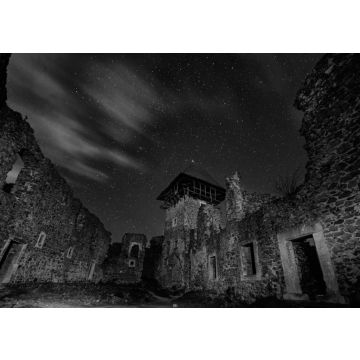 Lais Puzzle - Ruinen von Nevitsky Castle in der Nähe von Uzhgorod, Ukraine mit vielen glänzenden Sternen am dunklen Himmel. Schwarz-Weiß-Version. Nevitsky Burg. Eines der ältesten Gebäude in den Unterkarpaten mit einer internationalen Bedeutung. Das...