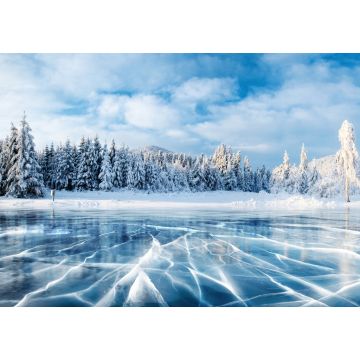 Lais Puzzle - Blaues Eis und Risse auf der Oberfläche des Eises. Gefrorener See unter einem blauen Himmel im Winter. Die Hügel der Kiefern. Der Winter. Karpaten, Ukraine, Europa - 1.000 Teile