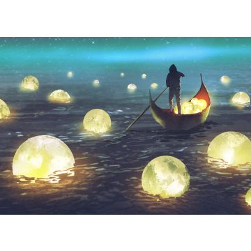Lais Puzzle - Nachtlandschaft eines Mannes, der ein Boot inmitten vieler glühender Monde rudert, die auf dem Meer schwimmen, digitale Kunst, Illustrationsmalerei - 100, 200, 500 & 1.000 Teile