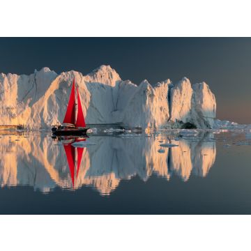 Lais Puzzle - Grönland Mitternacht Sonnenuntergang Eisberg perfekte Reflexion Panorama mit roten Segelschiff - 100, 200, 500 & 1.000 Teile