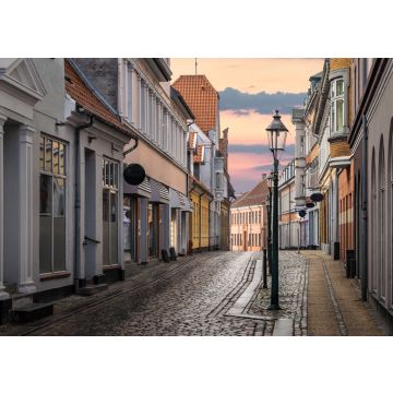 Lais Puzzle - Eine schöne bunte Straße bei Sonnenuntergang in Viborg, Dänemark. Schöne Stadt Straße in Dänemark. Dänemark Stadtbild in der Abenddämmerung. Skandinavische Straße bei Sonnenuntergang. Viborg ist eine der ältesten Städte Dänemarks - 100...