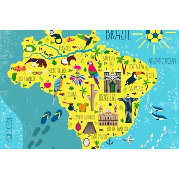 Lais Puzzle - Brasilien illustrierte Landkarte, Südamerika, mit Wahrzeichen, Museum, Kirche, traditionellem Essen, brasilianischem Karneval, Tieren und Blumen - 2.000 Teile