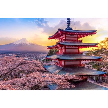 Lais Puzzle - Fujiyoshida, Japan Schöne Aussicht auf den Mount Fuji und die Chureito-Pagode bei Sonnenuntergang, Japan im Frühling mit Kirschblüten - 2.000 Teile