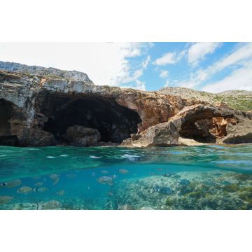 Lais Puzzle - Felsküste mit großer Höhle an der Küste und Fischen unter Wasser, geteilte Ansicht über und unter Wasseroberfläche, Comunidad Valenciana, Spanien - 2.000 Teile