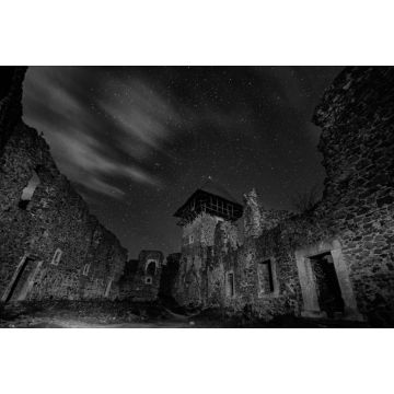 Lais Puzzle - Ruinen von Nevitsky Castle in der Nähe von Uzhgorod, Ukraine mit vielen glänzenden Sternen am dunklen Himmel. Schwarz-Weiß-Version. Nevitsky Burg. Eines der ältesten Gebäude in den Unterkarpaten mit einer internationalen Bedeutung. Das...