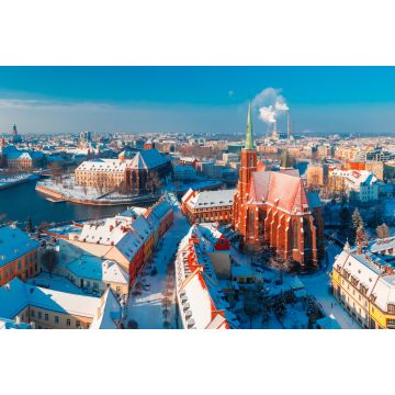 Lais Puzzle - Luftbildpanorama der Altstadt und des Ostrow Tumski mit der Kirche des Heiligen Kreuzes und des Heiligen Bartholomäus von der Johanneskathedrale aus am Wintermorgen in Breslau, Polen - 2.000 Teile