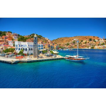 Lais Puzzle - Blick auf das griechische Meer Simy Insel Hafen Hafen, klassische Schiff Yachten, Häuser auf der Insel Hügel, Touristen Ägäis Bucht. Griechenland Inseln Urlaub Urlaub Reise Touren von Rhodos Insel. Griechenland Architektur - 2.000 Teile