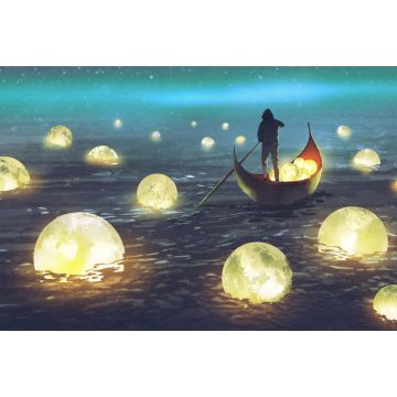 Lais Puzzle - Nachtlandschaft eines Mannes, der ein Boot inmitten vieler glühender Monde rudert, die auf dem Meer schwimmen, digitale Kunst, Illustrationsmalerei - 2.000 Teile