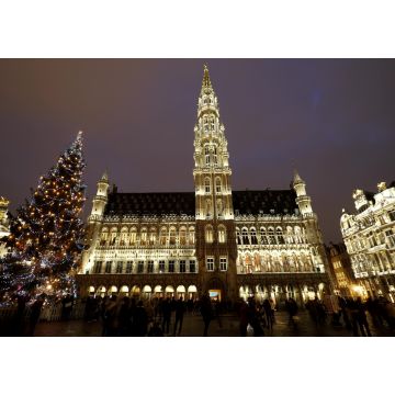 Lais Puzzle - Weihnachtsbaum und Rathaus von Brüssel bei Nacht, Menschen gehen auf dem Grand Place spazieren - 1.000 Teile