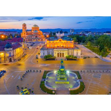 Lais Puzzle - Nachtansicht der Nationalversammlung der Republik Bulgarien und der Alexander-Newski-Kathedrale in Sofia. Das Schild bedeutet: "Einigkeit macht stark - 1.000 Teile