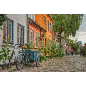 Lais Puzzle - An einem Sommertag parkt ein typisch dänisches Cargo-Bike, besser bekannt als Christiania Bike, am Eingang eines Hauses in einer gemütlichen, gepflasterten Straße, die Gemütlichkeit und ein kulturelles Konzept vermittelt - Aarhus, D...
