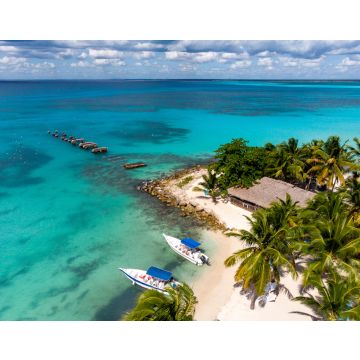 Lais Puzzle - Luftaufnahme einer Drohne vom paradiesischen Strand mit altem, kaputtem Pier, Booten, Palmen und blauem Wasser des Karibischen Meeres mit transparentem Korallenboden, Insel Saona, Dominikanische Republik - 40, 100, 200, 500, 1.000 & 2.000...
