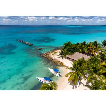 Lais Puzzle - Luftaufnahme einer Drohne vom paradiesischen Strand mit altem, kaputtem Pier, Booten, Palmen und blauem Wasser des Karibischen Meeres mit transparentem Korallenboden, Insel Saona, Dominikanische Republik - 1.000 Teile