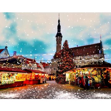 Lais Puzzle - Weihnachten Tallinn Old Town Hall Square Winter Nacht Marktplatz und Baum Lichtdekoration, Urlaub Feier in Europa verschwommen Nacht Licht, Schneeflocken fallen, reisen Estland - 40, 100, 200, 500, 1.000 & 2.000 Teile