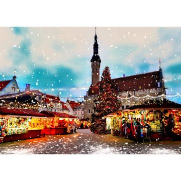 Lais Puzzle - Weihnachten Tallinn Old Town Hall Square Winter Nacht Marktplatz und Baum Lichtdekoration, Urlaub Feier in Europa verschwommen Nacht Licht, Schneeflocken fallen, reisen Estland - 1.000 Teile