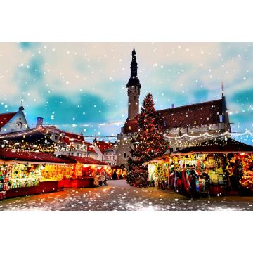 Lais Puzzle - Weihnachten Tallinn Old Town Hall Square Winter Nacht Marktplatz und Baum Lichtdekoration, Urlaub Feier in Europa verschwommen Nacht Licht, Schneeflocken fallen, reisen Estland - 2.000 Teile