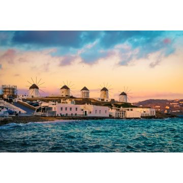 Lais Puzzle - Sonnenuntergangsansicht der Strandpromenade von Mykonos mit Windmühlen - 2.000 Teile