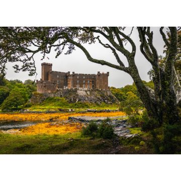 Lais Puzzle - Dunvegan Castle von den Gärten aus gesehen, mit Baumzweigen gesäumte Ansicht in Dunvegan, Isle of Skye, Schottland - 1.000 Teile