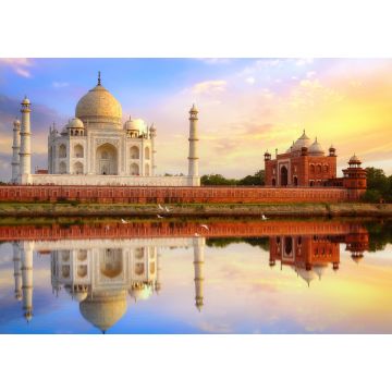 Lais Puzzle - Taj Mahal Agra bei Sonnenuntergang mit Wasserspiegelung und stimmungsvollem Himmel. Das Taj Mahal ist ein UNESCO-Weltkulturerbe am Ufer des Flusses Yamuna in Uttar Pradesh, Indien - 1.000 Teile