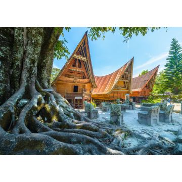 Lais Puzzle - Traditionelle Batak-Häuser in einer Reihe, Baumwurzeln im Vordergrund, orangefarbener Look. Ambarita Dorf, Toba See, Reiseziel in Sumatra, Indonesien - 1.000 Teile