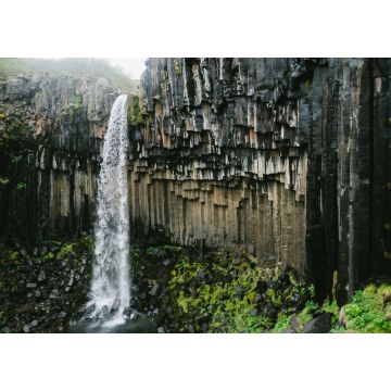 Lais Puzzle - Mächtiger Svartifoss-Wasserfall in Island unter grauem, bewölktem Himmel. Kristallklares weißes Wasser und schwarze Basaltsäulen - 1.000 Teile