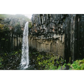 Lais Puzzle - Mächtiger Svartifoss-Wasserfall in Island unter grauem, bewölktem Himmel. Kristallklares weißes Wasser und schwarze Basaltsäulen - 2.000 Teile