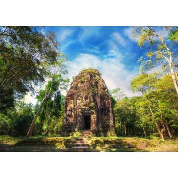 Lais Puzzle - Alte Khmer-Architektur vor Angkor. Sambor Prei Kuk Tempelruinen mit riesigen Banyanbäumen unter blauem Himmel. Kampong Thom, Kambodscha Reiseziele - 1.000 Teile