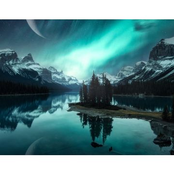 Lais Puzzle - Landschaft von Spirit Island mit Aurora Borealis über den kanadischen Rockies und Mondsichel am Maligne Lake im Jasper National Park - 40, 100, 200, 500, 1.000 & 2.000 Teile