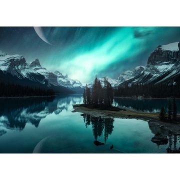Lais Puzzle - Landschaft von Spirit Island mit Aurora Borealis über den kanadischen Rockies und Mondsichel am Maligne Lake im Jasper National Park - 1.000 Teile