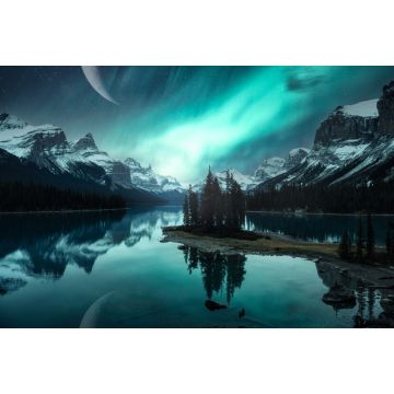 Lais Puzzle - Landschaft von Spirit Island mit Aurora Borealis über den kanadischen Rockies und Mondsichel am Maligne Lake im Jasper National Park - 2.000 Teile