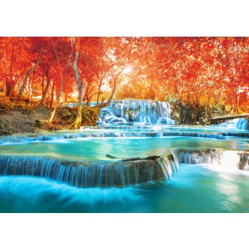 Lais Puzzle - Wasserfall im Herbst Wald, Namen "Tat Kuang Si Wasserfälle" in Luang Prabang Lao mit roten Blättern Frühling Filter - 500, 1.000 & 2.000 Teile