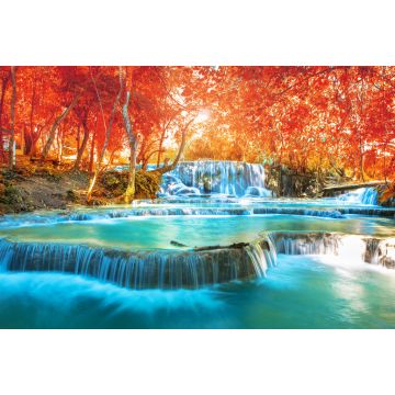 Lais Puzzle - Wasserfall im Herbst Wald, Namen "Tat Kuang Si Wasserfälle" in Luang Prabang Lao mit roten Blättern Frühling Filter - 2.000 Teile