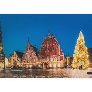 Lais Puzzle - Riga, Lettland. Panorama des Rathausplatzes, beliebter Platz mit berühmten Wahrzeichen in der Nachtbeleuchtung in der Winterdämmerung - 1.000 Teile