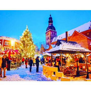Lais Puzzle - Nächtliches Stadtbild mit Weihnachtsmarkt auf dem Domplatz im winterlichen Riga, Lettland - 40, 100, 200, 500, 1.000 & 2.000 Teile